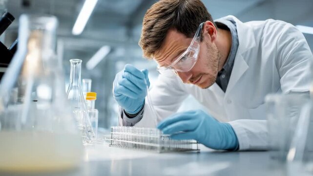 Medium shot of a scientist examining compostable packaging in a lab analyzing its breakdown properties under controlled conditions