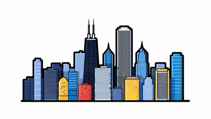 Fototapeta premium Colorful flat illustration of a diverse city skyline with varying heights and shapes