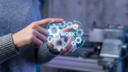 Business hand technology concept high level planning hologram work process gear automation strategy digital interface future innovation