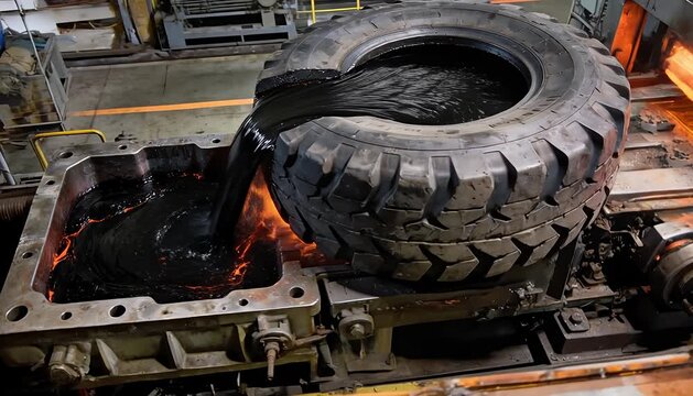 Industrial process molten rubber pours into mold from large tire mold, rubber production rubber, liquid,.