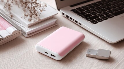 Pink portable power bank and laptop