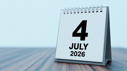 Modern minimalist standing desk calendar with bold black July 4, 2026 typography on white page, spiral bound, dark wooden desk, soft cinematic lighting, shallow focus.