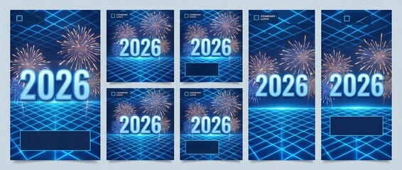 2026 white and blue flyer design background frames with fireworks. Templates for square, portrait posts and etc.