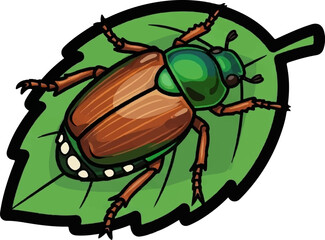 Colorful illustration of a beetle with a green head and brown wing covers on a green leaf