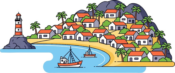 Colorful illustration of a coastal village with a lighthouse, houses, palm trees, and boats by the sea