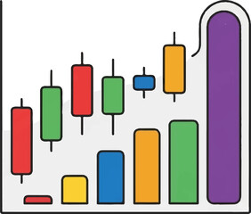 Colorful illustration featuring a mix of candlestick and bar charts, representing data or financial trends