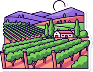 Colorful illustration of a vineyard with rolling hills and a small house under a partial sun