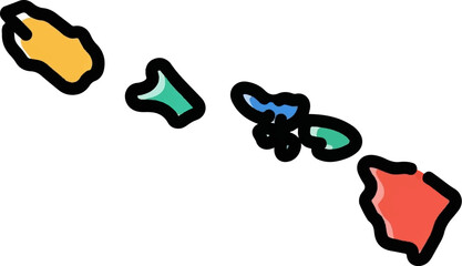 Colorful islands outlined in thick black marker, suggesting a tropical archipelago