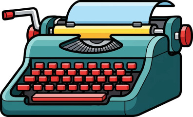 Colorful illustration of an old-fashioned turquoise and red typewriter with paper on a white background