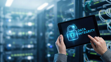 Cyber security data integrity high level planning concept secure network server room digital tablet technology protection trust