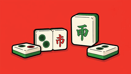 Colorful Mahjong tiles scattered on a vibrant red background
