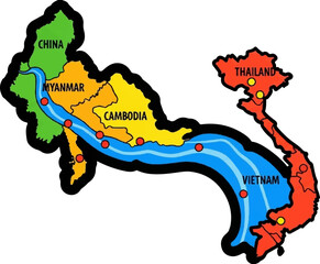 Colorful map showing countries and a river flowing through them