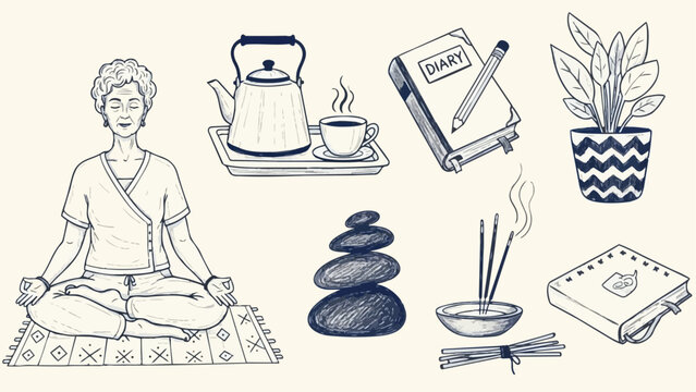Minimalist vector art of elderly woman meditating cross legged on patterned mat surrounded by tea set diary incense and houseplant serene wellness scene