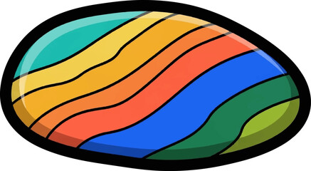 Colorful, rounded object with wavy lines in vibrant hues, outlined in black