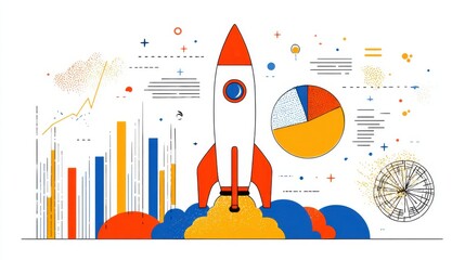 Rocket launch with business growth charts