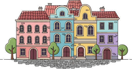 Colorful row of cartoon houses with arched windows, tiled roofs, and trees