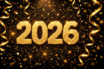 Golden 2026 with Glittering Shiny Confetti and Ribbon Streamers, Happy New Year Theme, Isolated black Background