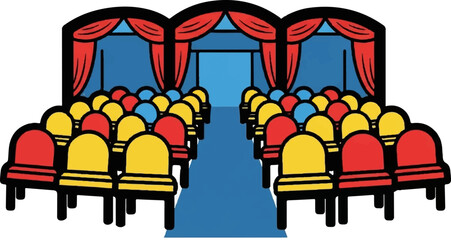 Colorful seats arranged in rows facing a stage with red curtains