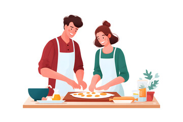 Culinary Creations: A happy couple joyfully collaborates in the kitchen, preparing a meal with love and teamwork. This illustration represents home-cooked meals, culinary skills, and bonding.