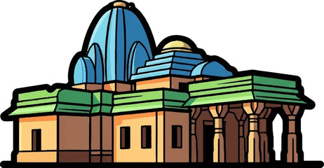 Colorful, stylized depiction of a temple with blue domes and green roofs
