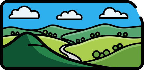 Colorful stylized landscape icon with rolling green hills, a winding path, and clouds under a blue sky