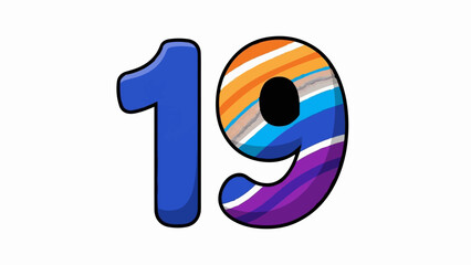 Colorful, stylized number nineteen with gradient stripes