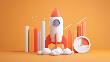 Rocket launch with financial growth chart and clock