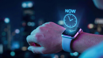 Future technology smartwatch hologram digital clock time planning high level blue glow wrist hand man male person human gadget wearable device