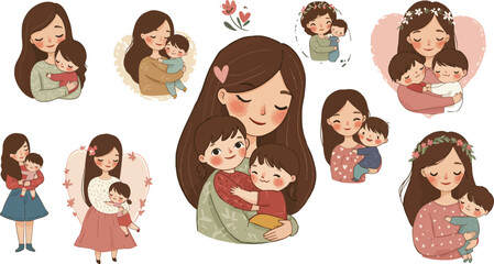 Illustrations of a mother and child in various cute poses and outfits