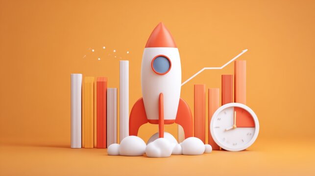 Rocket launch with financial growth chart and clock - Powered by Adobe