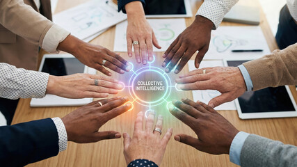 Teamwork diverse hands technology tablet office planning high level collaboration planning concept with diverse hands touching holographic