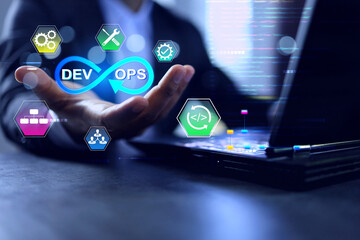 Software developer dev ops concept with a man holding agile methodology development operations programming technology to applied in business data analysis