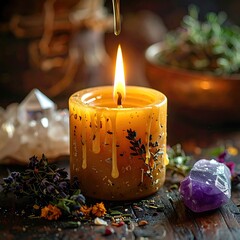 Lit candle with herbs, crystals, and oil droplet
