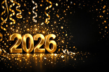Golden 2026 with Glittering Shiny Confetti and Ribbon Streamers, Happy New Year Theme, Isolated black Background
