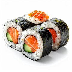 Close-up of salmon sushi rolls with colorful roe topping