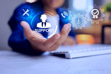 services concept man holding gear service system to monitoring customer request to investigate and ready to take action solving problem in customer site