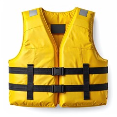 Bright yellow buoyant safety vest with reflective strips and black straps