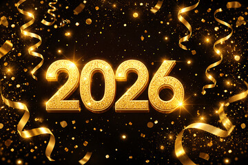Golden 2026 with Glittering Shiny Confetti and Ribbon Streamers, Happy New Year Theme, Isolated black Background