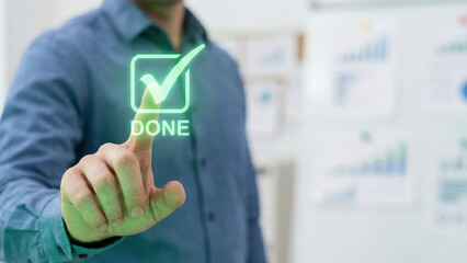 Success done checkbox completion business technology touch interface man gesture Confident businessman touch virtual done checkbox interface