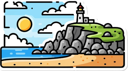 Cartoon illustration of a coastal scene featuring a lighthouse on green cliffs above a sandy beach and ocean