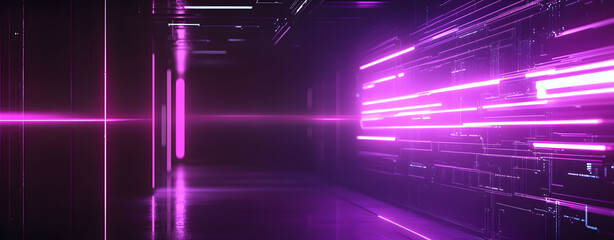 Futuristic neon-lit corridor representing digital network pathways and abstract data streams