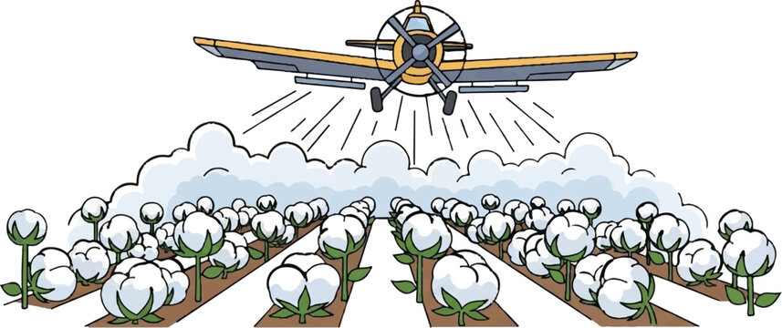 Aerial crop duster sprays a vast field of fluffy cotton plants under a cloudy sky