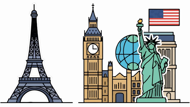 Collection of famous landmarks Eiffel Tower, Big Ben, Statue of Liberty, and buildings