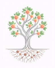 Stylized tree with data stream branches and glowing network nodes illustration. Nature technology fusion concept for innovation growth and digital transformation themes