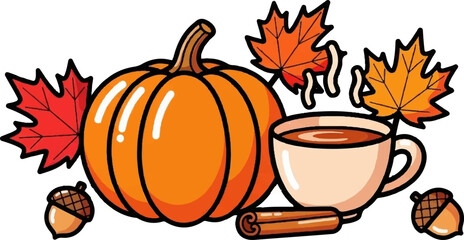 An illustration of fall items pumpkin, hot beverage in a mug, cinnamon stick, acorns, and colorful maple leaves © Goliath