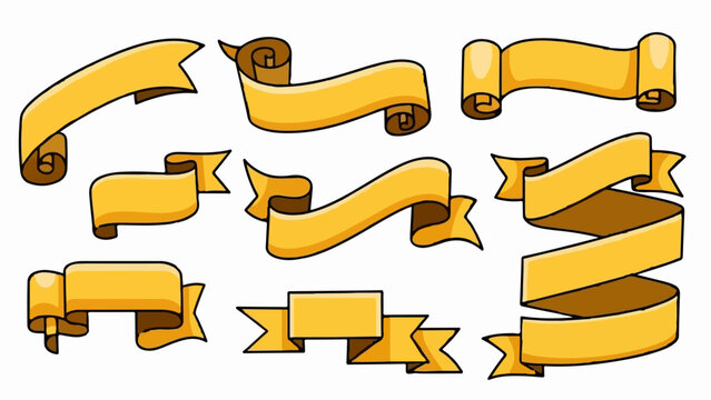 Collection of nine hand-drawn golden ribbon banners in various shapes, perfect for s or accents