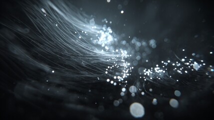 Interwoven fiber optic cables pulsing with light and shimmering particles