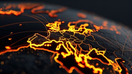 Global network of illuminated fiber optic strands over illuminated continents, representing digital connection and data flow