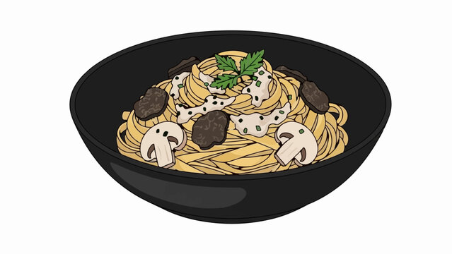 Delicious truffle pasta with mushrooms and parsley in a black bowl