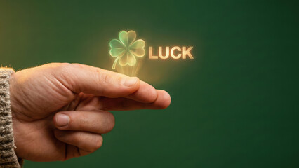 High level planning hand gesture with glowing four leaf clover symbol luck concept on green background fantasy mood